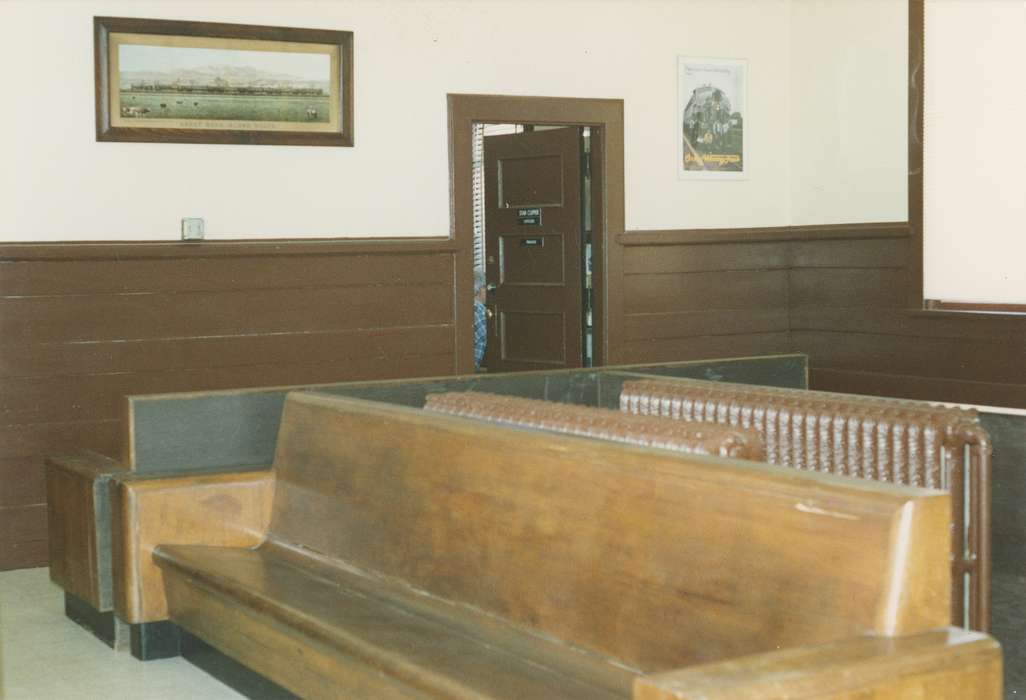 history of Iowa, Iowa History, Businesses and Factories, Waverly, IA, railroad, waiting room, Iowa, Waverly Public Library, bench