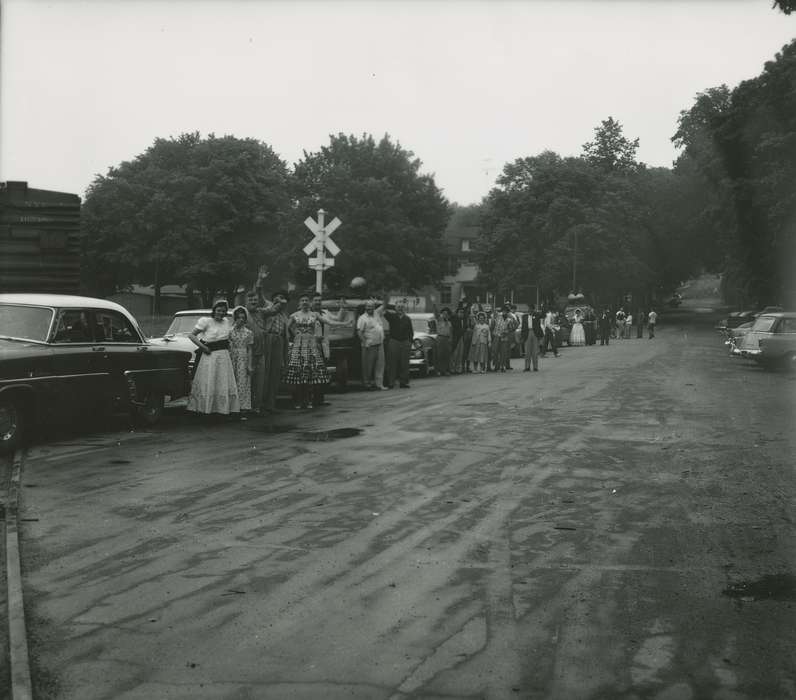 Motorized Vehicles, Iowa History, Entertainment, Waverly Public Library, Iowa, history of Iowa, Portraits - Group, costume, car, crowd, Denver, IA, street