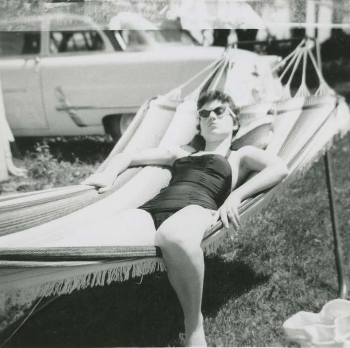 swimsuit, sunglasses, McDermott, Helen, car, Iowa History, Iowa, Motorized Vehicles, bathing suit, history of Iowa, hammock, Leisure, Epworth, IA