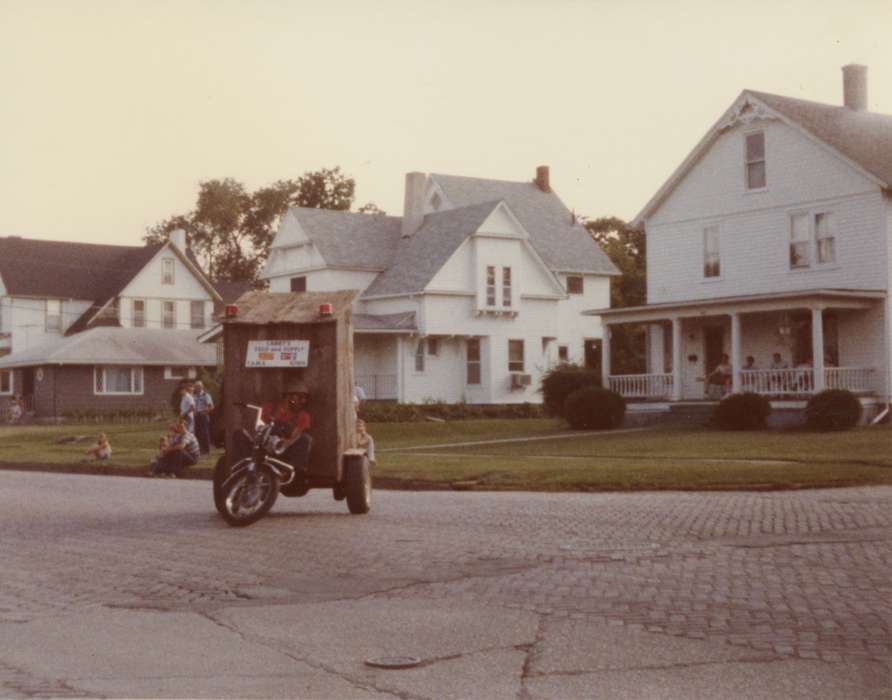 Portraits - Group, Marengo, IA, history of Iowa, brick road, Iowa History, parade, Wiese, Rose, Motorized Vehicles, motorcycle, Fairs and Festivals, Iowa, Cities and Towns, Homes, outhouse