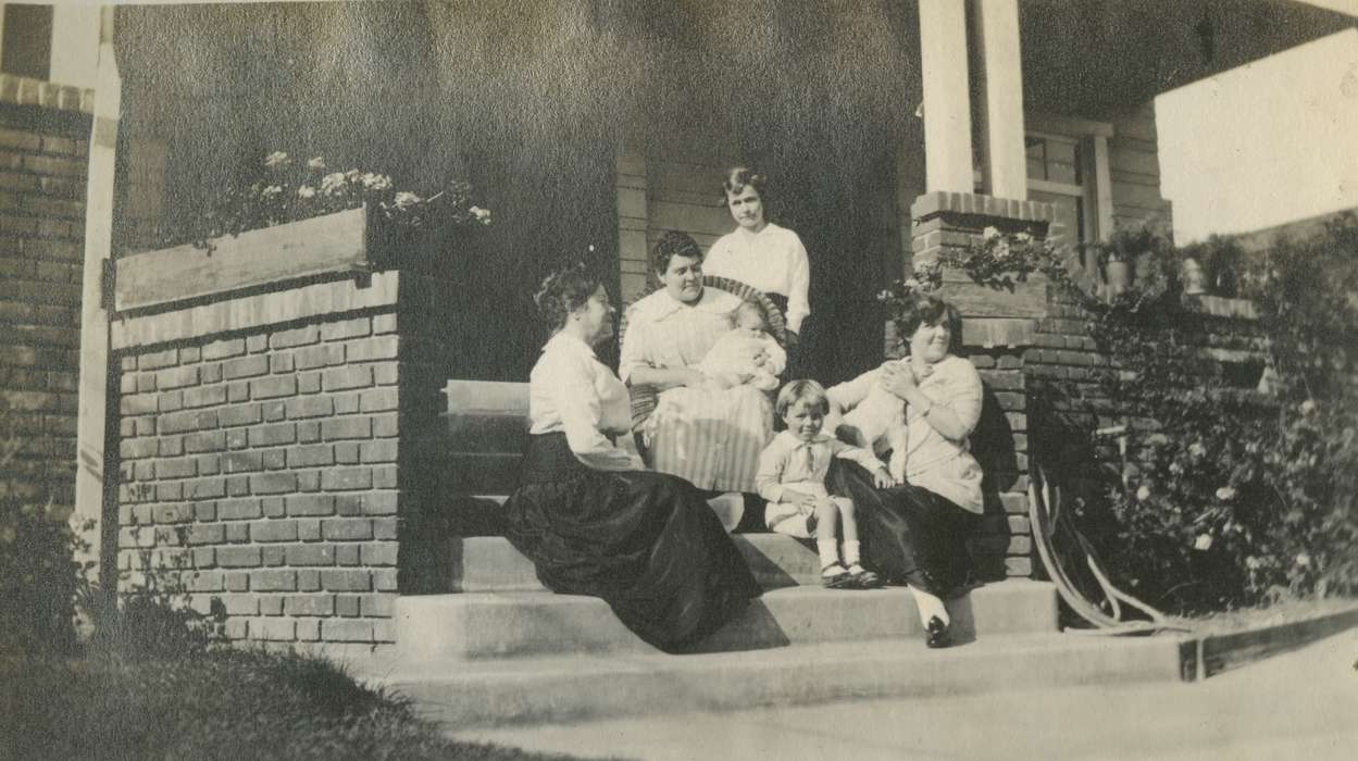 Portraits - Group, Travel, history of Iowa, women, Pasadena, CA, Mortenson, Jill, Iowa History, baked goods, Iowa, porch