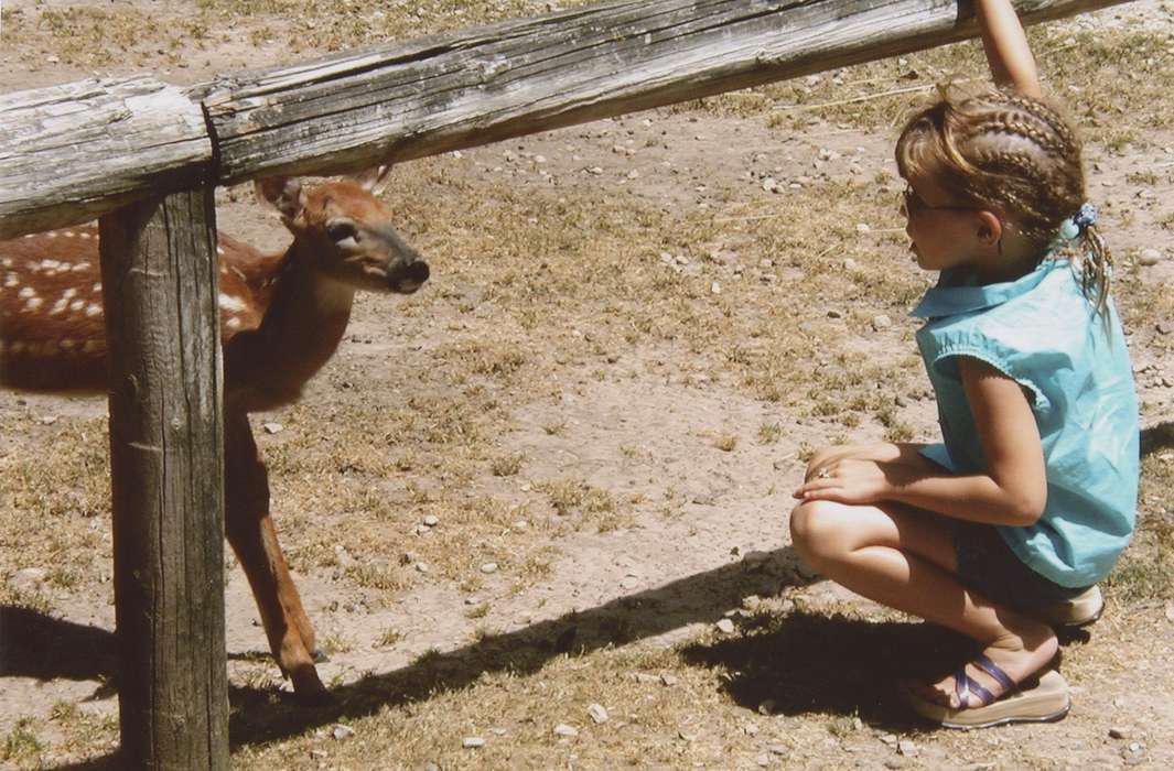 dirt, Iowa, braids, deer, Animals, LeQuatte, Sue, Children, fawn, Wisconsin Dells, WI, girl, history of Iowa, Iowa History