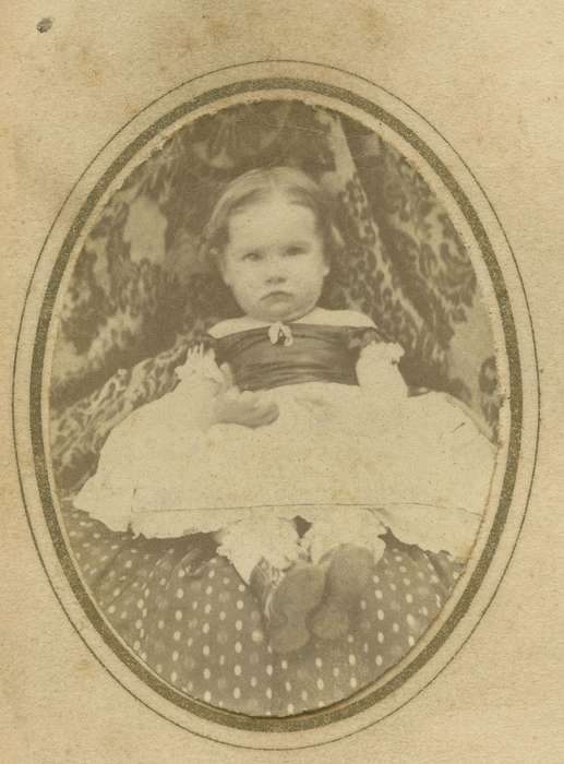 baby, carte de visite, Iowa, child, Iowa History, Children, patterns, Des Moines, IA, Portraits - Individual, dress, Olsson, Ann and Jons, girl, history of Iowa, pantaloons