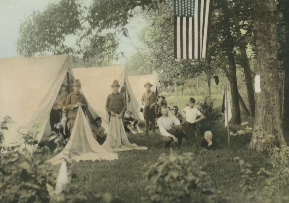 Outdoor Recreation, Portraits - Group, Iowa, american flag, tent, Webster City, IA, colorized, patriotism, McMurray, Doug, Children, history of Iowa, camp, boy scouts, flag, Iowa History