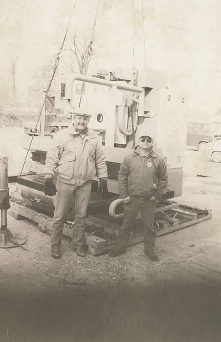Portraits - Group, men, gloves, history of Iowa, Iowa History, Waverly Public Library, Motorized Vehicles, Businesses and Factories, shoes, outfit, coat, sunglasses, Iowa, Shell Rock, IA, hat