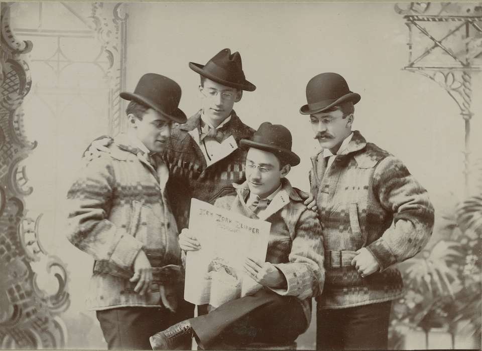 Portraits - Group, men, homburg hat, history of Iowa, bowler hat, newspaper, Iowa History, Olsson, Ann and Jons, glasses, cabinet photo, Iowa, painted backdrop, mustache, Guttenberg, IA