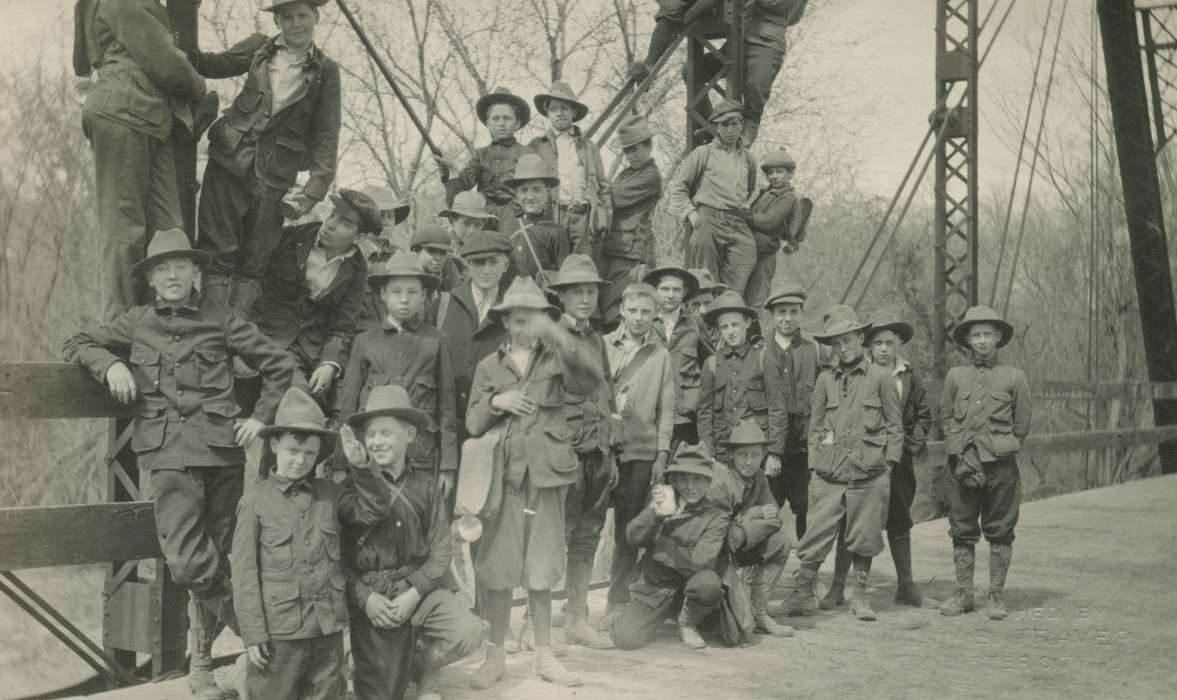 Outdoor Recreation, Portraits - Group, Iowa, Webster City, IA, McMurray, Doug, Children, history of Iowa, bridge, boy scouts, Iowa History