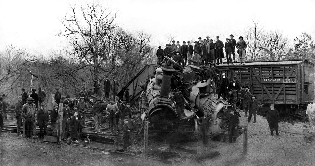 history of Iowa, Lemberger, LeAnn, Wrecks, train crash, Motorized Vehicles, train, Iowa, Portraits - Group, rail road, Iowa History, Eldon, IA