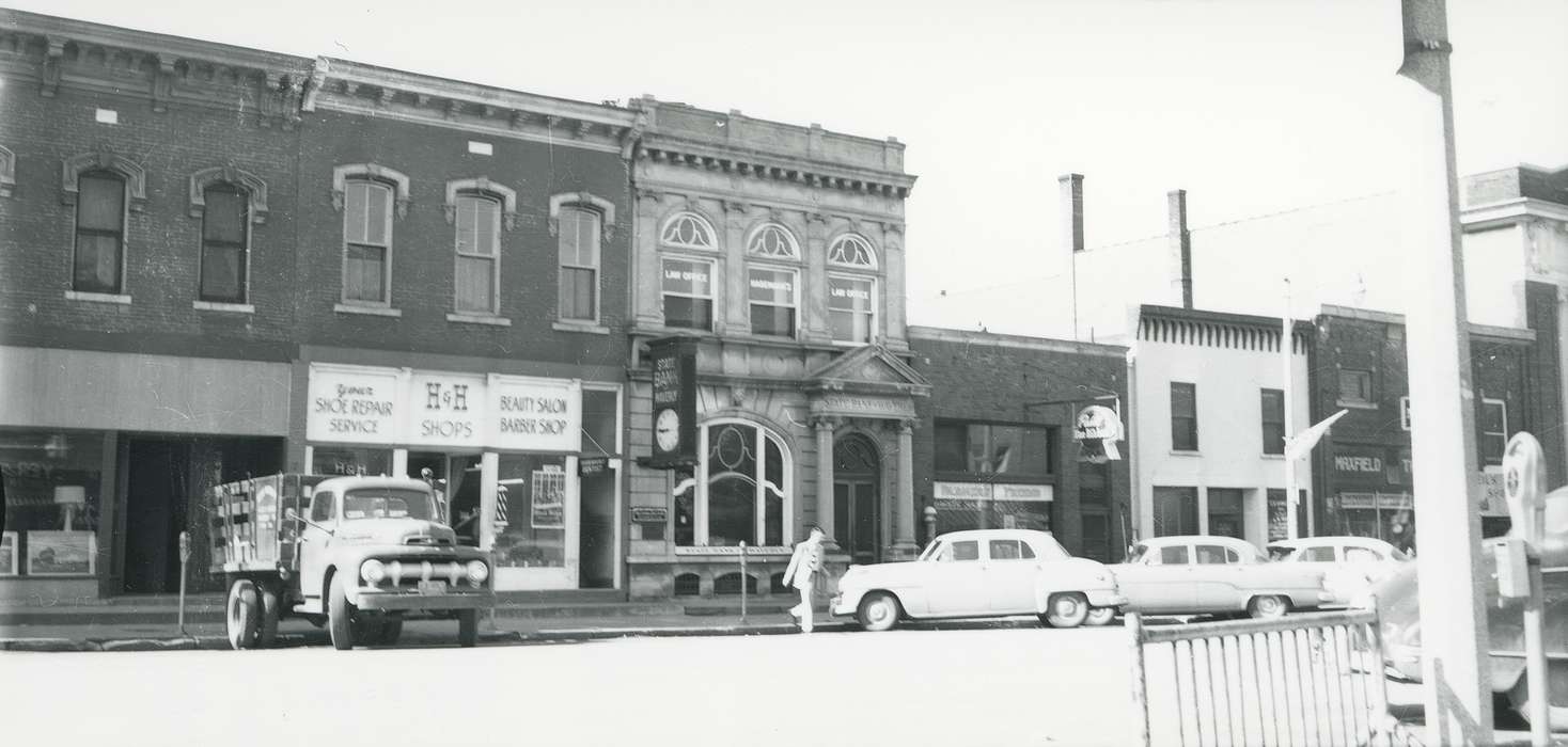 Main Streets & Town Squares, history of Iowa, parking meter, Iowa History, Motorized Vehicles, Businesses and Factories, truck, clock, car, hair salon, Waverly, IA, Iowa, Cities and Towns, sign, barbershop, Waverly Public Library, bank