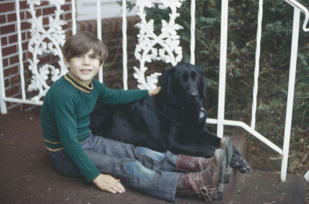 Portraits - Group, Suarez, Luis, history of Iowa, Iowa History, Ames, IA, Animals, boots, Iowa, black lab, Children, dog