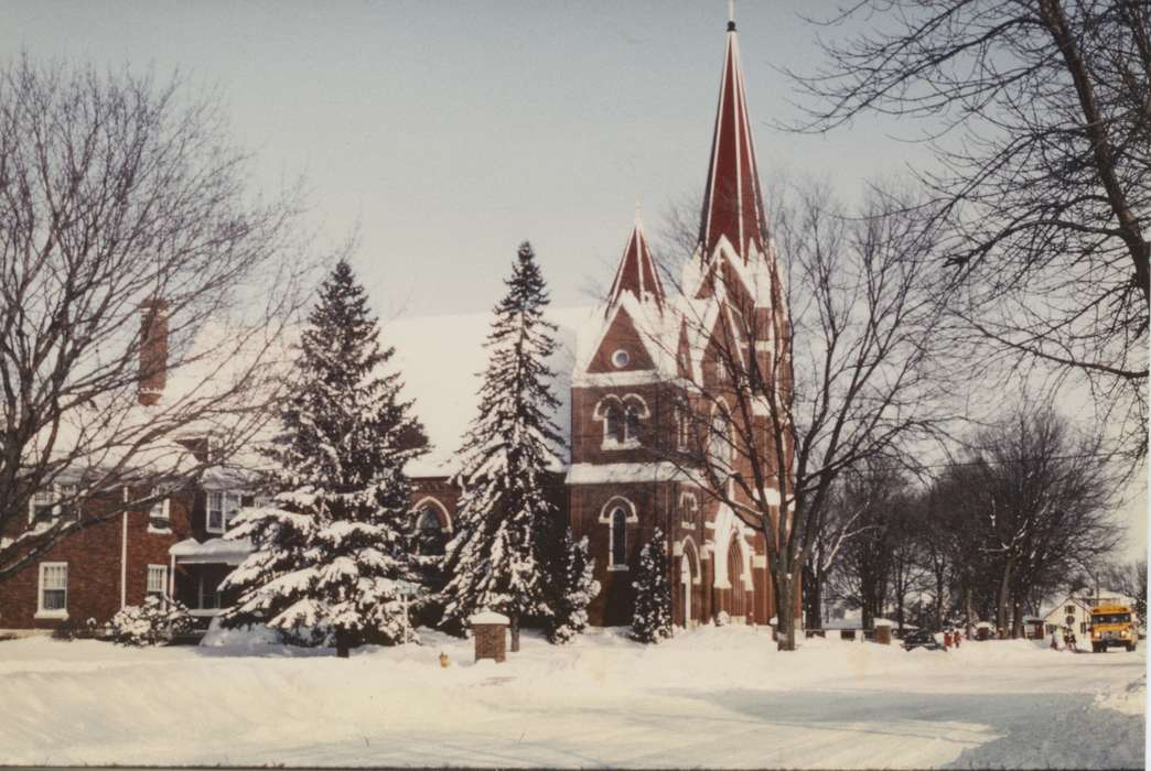 Brus, Beverly, church, Iowa, New Hampton, IA, school bus, Cities and Towns, Religious Structures, Winter, history of Iowa, Main Streets & Town Squares, Iowa History