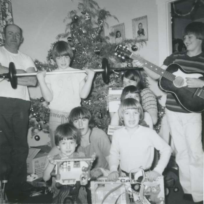 Portraits - Group, christmas, history of Iowa, Iowa History, Families, christmas tree, barbell, McDermott, Helen, Epworth, IA, toy, christmas presents, Holidays, Iowa, guitar, Children