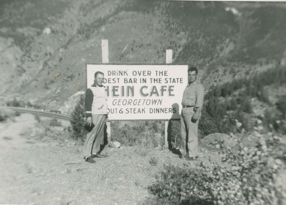 Portraits - Group, Travel, men, Campopiano Von Klimo, Melinda, history of Iowa, advertisement, Iowa History, Georgetown, CO, road, cafe, Iowa, sign, mountain
