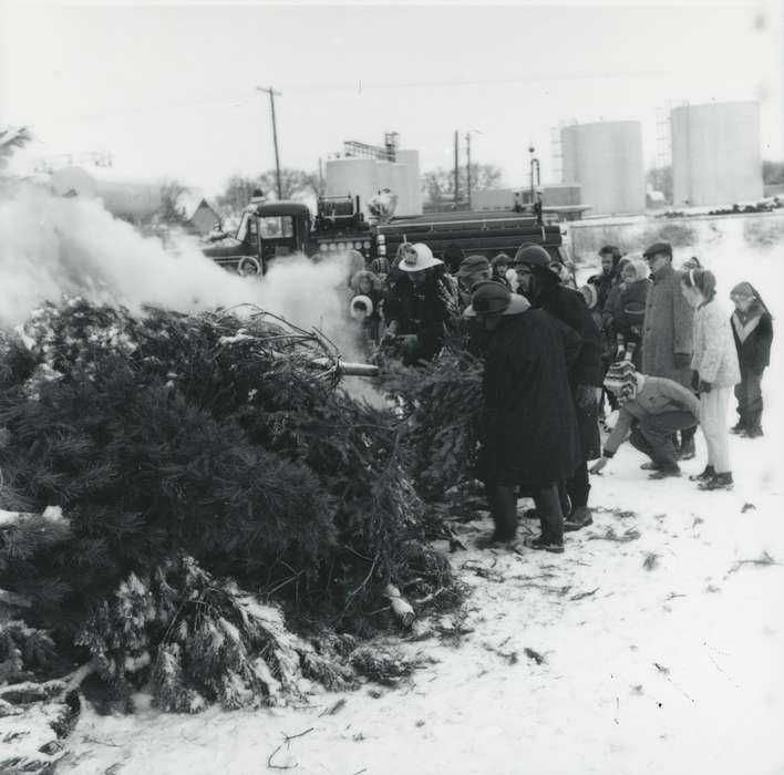 history of Iowa, Iowa History, Civic Engagement, crowd, winter, fireman, fire truck, pine tree, Iowa, Waverly Public Library