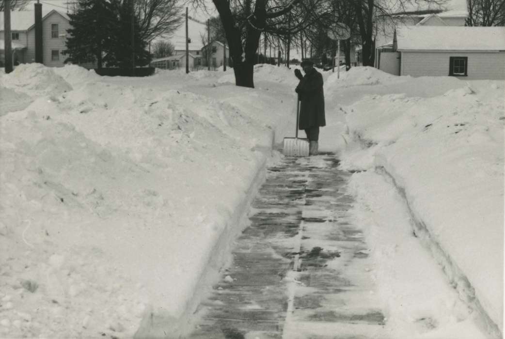 Brus, Beverly, Portraits - Individual, Iowa History, shovel, Iowa, New Hampton, IA, sidewalk, Homes, snow, history of Iowa, Winter