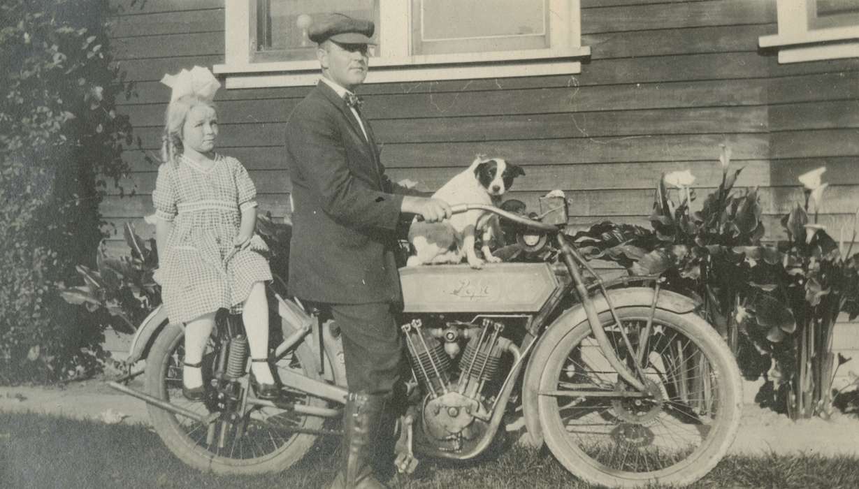 dog, history of Iowa, Motorized Vehicles, Iowa Falls, IA, Mortenson, Jill, Iowa, girl, motorcycle, Iowa History