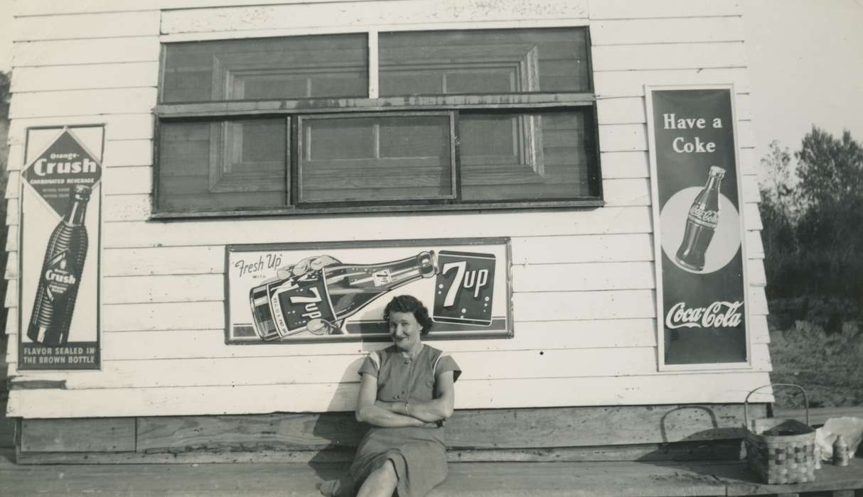 coke, history of Iowa, advertisement, coke sign, Iowa History, Businesses and Factories, 7up, pop, Davis-Orwoll, Shirley, Iowa, USA, bench, Portraits - Individual