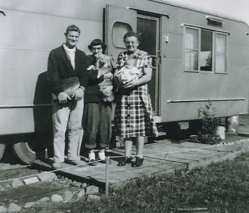 Portraits - Group, grandmother, Animals, Iowa History, Carlson, Julie, Iowa, Families, baby, grandma, dog, NY, mobile home, Homes, Children, history of Iowa