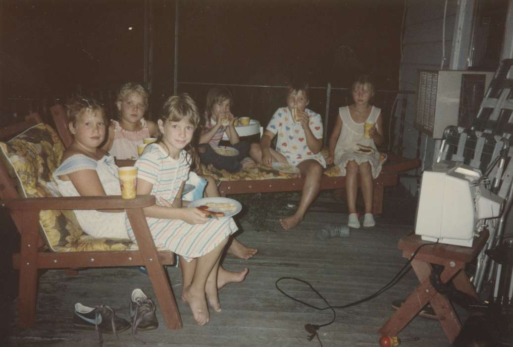 Portraits - Group, lawn chair, Children, Iowa History, Iowa, television, Harken, Nichole, sleepover, nike, patio furniture, slumber party, tv, Coggon, IA, Leisure, history of Iowa