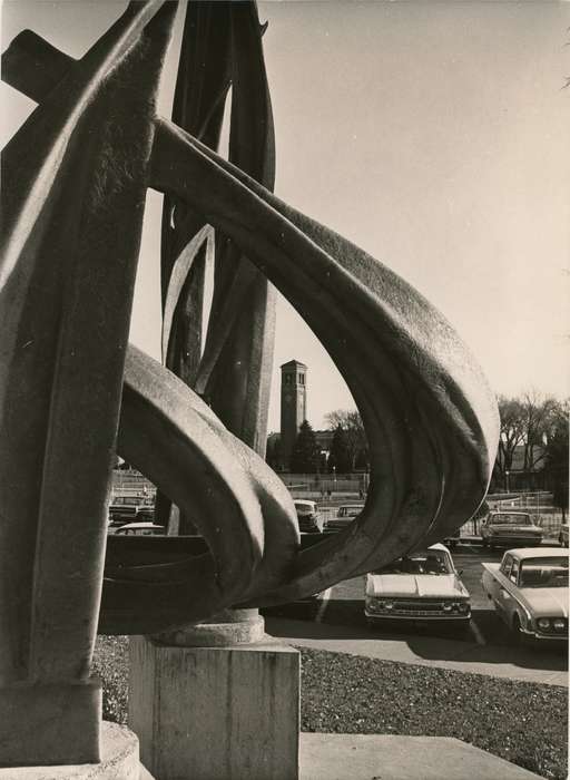 sculpture, Cedar Falls, IA, history of Iowa, Iowa History, car park, uni, iowa state teachers college, UNI Special Collections & University Archives, Iowa, Schools and Education, university of northern iowa, campanile