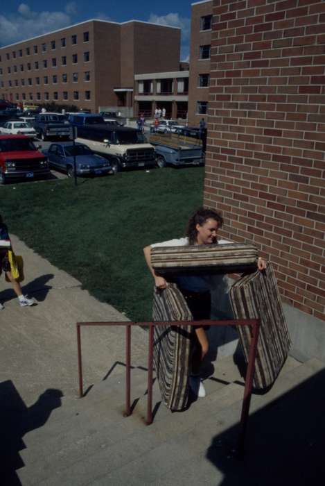 parking lot, Iowa, UNI Special Collections & University Archives, Schools and Education, noehren hall, uni, dorm, van, university of northern iowa, dormitory, Cedar Falls, IA, hagemann hall, quads, history of Iowa, Motorized Vehicles, Iowa History