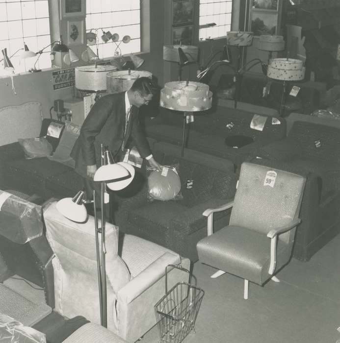 chairs, Iowa History, Waverly Public Library, Iowa, history of Iowa, Businesses and Factories, furniture store, lamp, display, Waverly, IA, couch