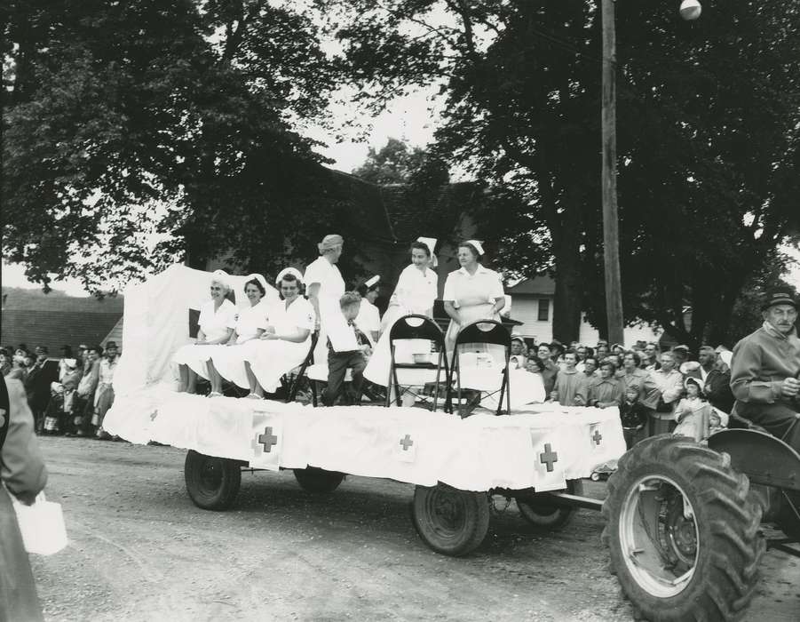 Portraits - Group, history of Iowa, nurses, uniform, Entertainment, Iowa History, Motorized Vehicles, crowd, parade float, Iowa, Waverly Public Library, Denver, IA