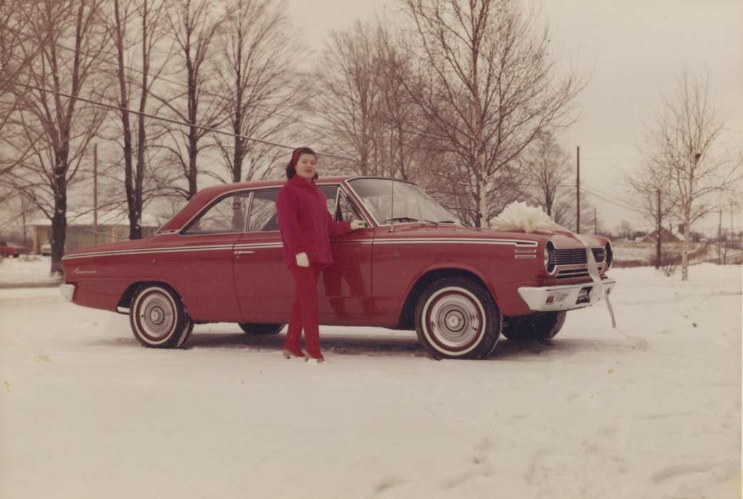 Portraits - Individual, car, Iowa History, CO, Iowa, Motorized Vehicles, rambler, McDermott, Helen, american motor company, amc, bow, Travel, history of Iowa, Winter