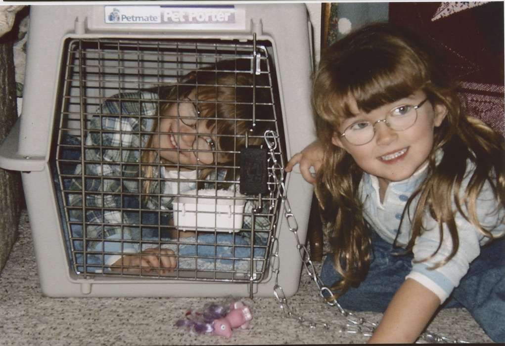 history of Iowa, bangs, Iowa History, Families, sisters, dog crate, playing, glasses, silly, Iowa, LeQuatte, Sue, Altoona, IA, correct date needed, my little pony, Children