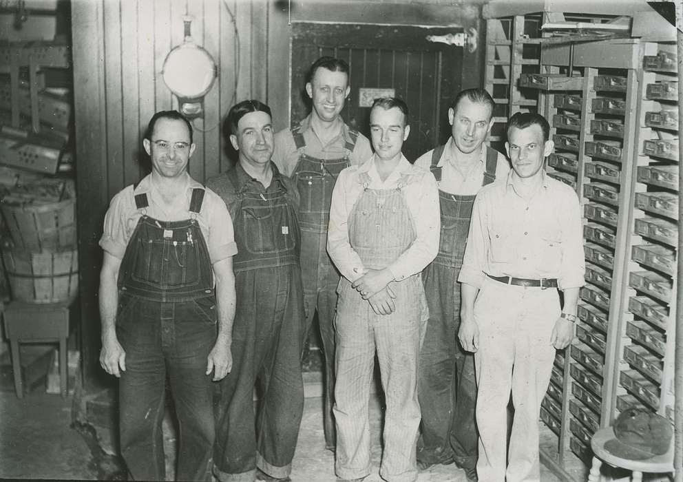 Portraits - Group, history of Iowa, hatchery, Iowa History, Webster City, IA, hat, Iowa, McMurray, Doug, overalls, stool, Labor and Occupations