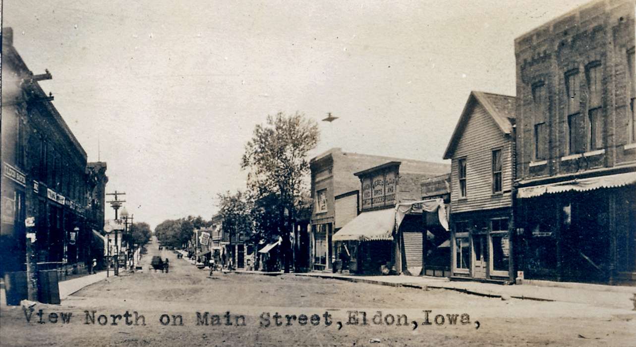 mainstreet, Iowa, storefront, veranda, horse and buggy, Main Streets & Town Squares, Lemberger, LeAnn, Cities and Towns, Eldon, IA, history of Iowa, dirt road, Iowa History