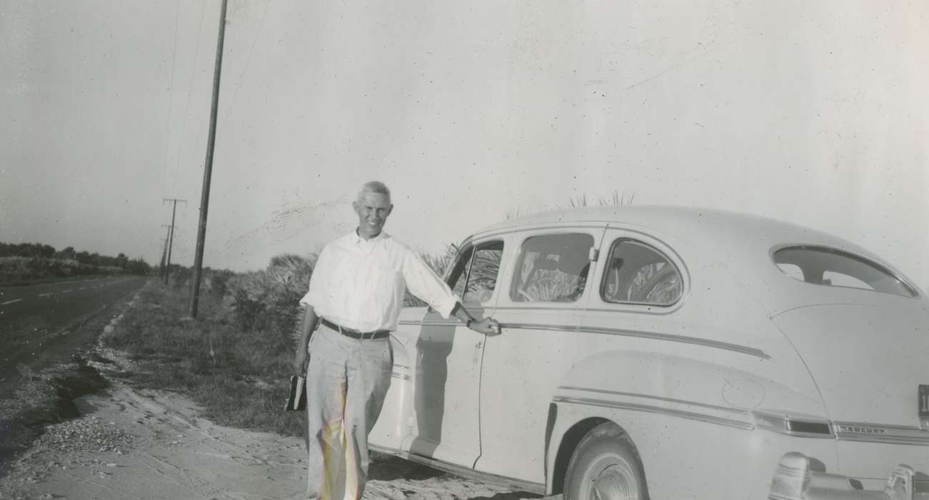 Portraits - Individual, car, Iowa History, Iowa, Motorized Vehicles, power lines, road, Hollywood, FL, McMurray, Doug, man, mercury, history of Iowa, mercury eight