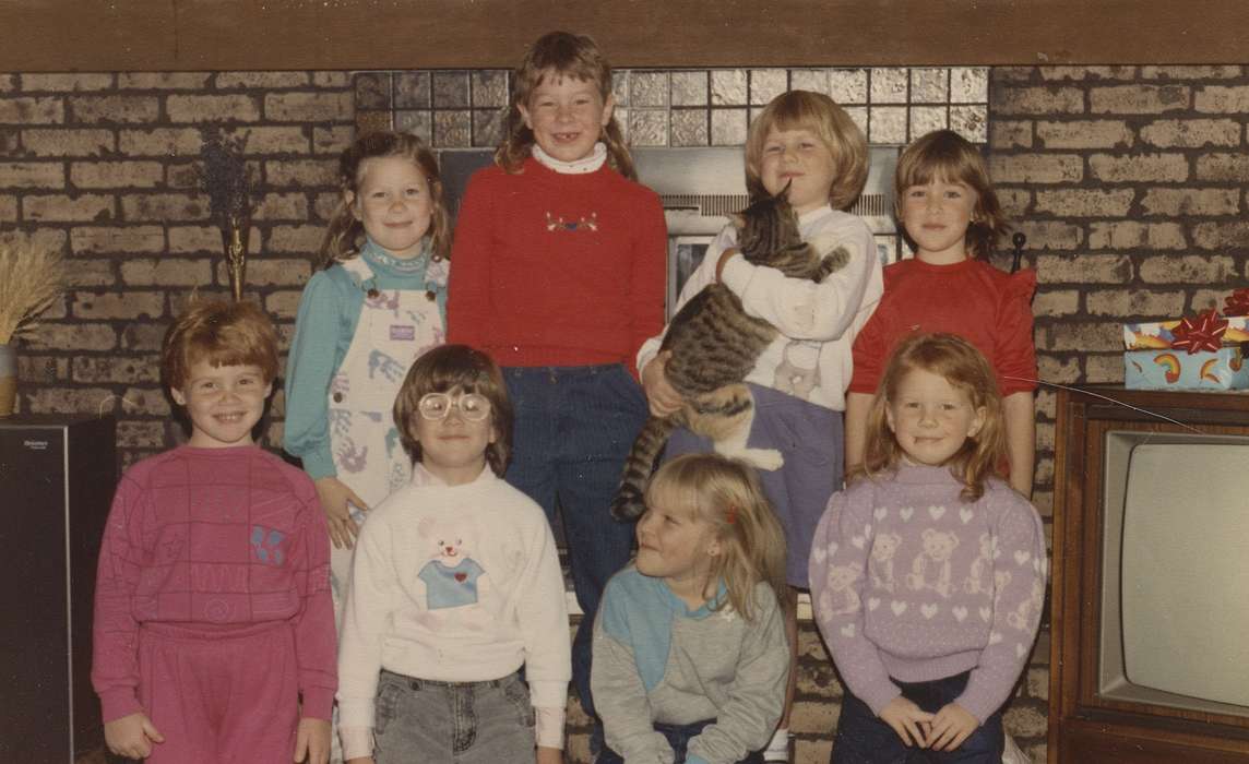 Portraits - Group, Reinbeck, IA, Animals, cat, birthday, Iowa History, Iowa, television, East, Lindsey, Homes, present, Children, sweater, history of Iowa