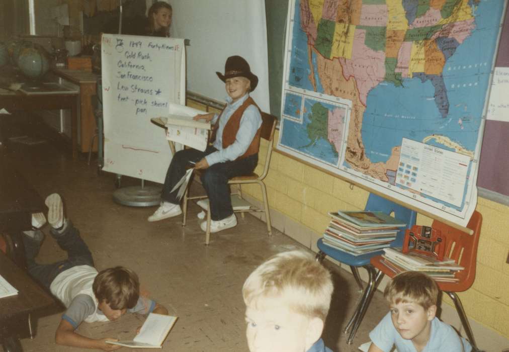 history of Iowa, Iowa History, Harken, Nichole, cowboy hat, classroom, map, Iowa, Children, Schools and Education, Coggon, IA