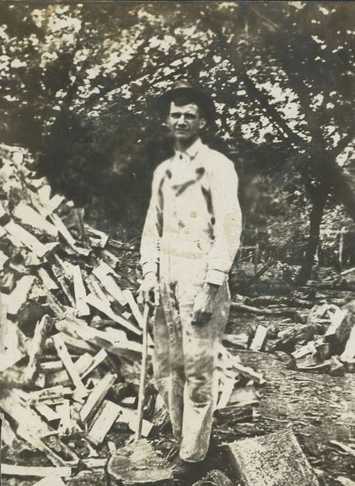 Neessen, Ben, Iowa History, Iowa, history of Iowa, Portraits - Individual, IA, firewood, hat, axe, Labor and Occupations