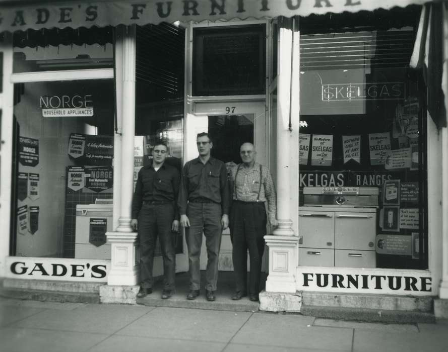 Portraits - Group, furniture, correct date needed, Iowa, Waverly Public Library, storefront, oven, salesman, portrait, washing machine, Cities and Towns, Businesses and Factories, history of Iowa, Waverly, IA, Main Streets & Town Squares, Iowa History