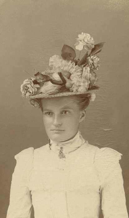 high collar, flowers, history of Iowa, Iowa History, woman, Davis-Orwoll, Shirley, Iowa, USA, hat, Portraits - Individual