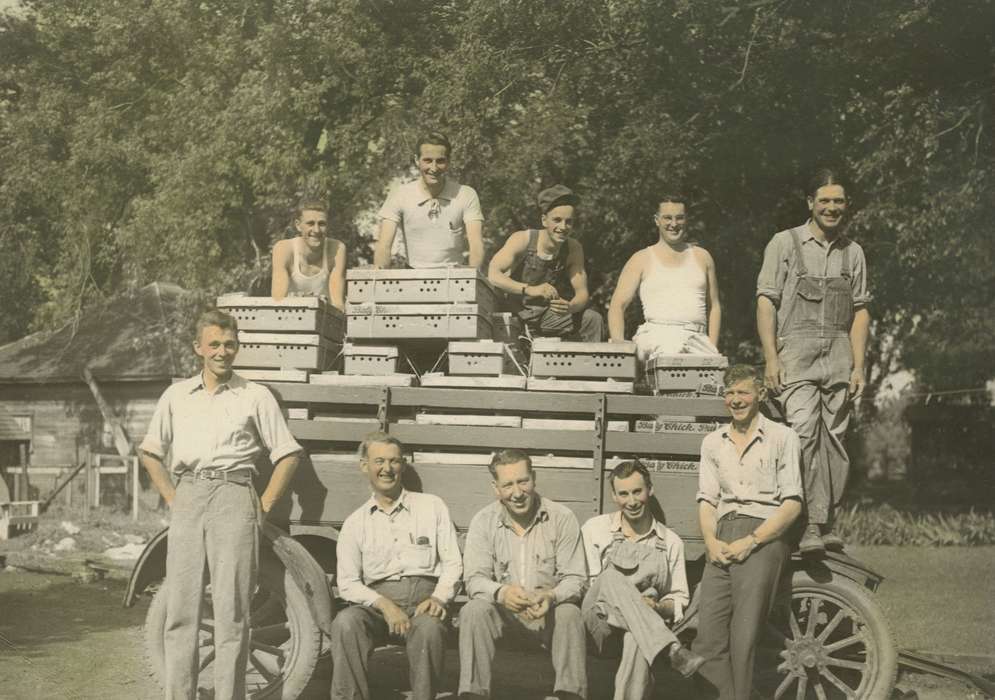 Portraits - Group, wheels, men, history of Iowa, Iowa History, Webster City, IA, overalls, wagon, Iowa, colorized, McMurray, Doug, farmers, Labor and Occupations
