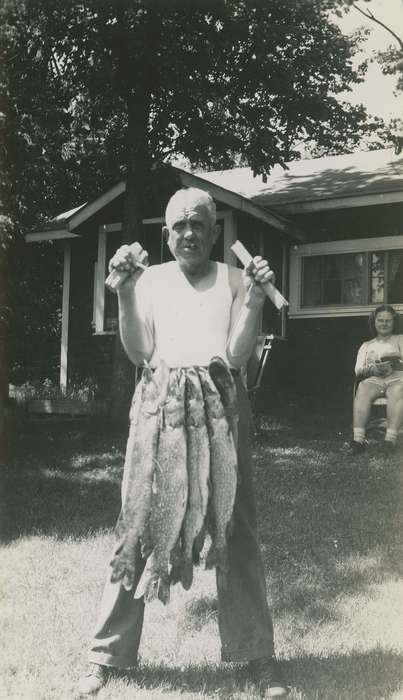Elderkin, Don, Spring Lake, MN, fishing, smoking, fish, cigarette, house, Iowa History, Iowa, history of Iowa, Portraits - Individual, Animals, Outdoor Recreation, tree