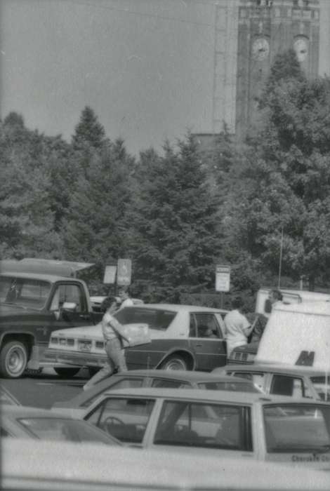 campanile, car, Iowa History, Iowa, Motorized Vehicles, Schools and Education, university of northern iowa, parking lot, uni, UNI Special Collections & University Archives, Cedar Falls, IA, history of Iowa