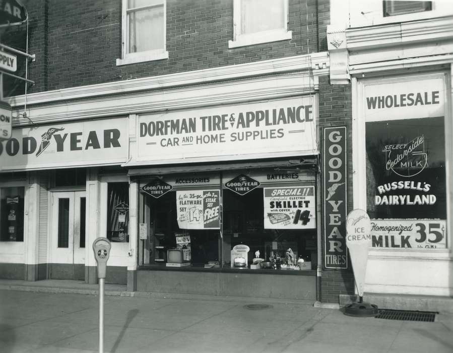 correct date needed, brick building, mainstreet, Iowa, Waverly Public Library, storefront, mixer, toaster, Cities and Towns, Businesses and Factories, Waverly, IA, history of Iowa, parking meter, Main Streets & Town Squares, Iowa History, television