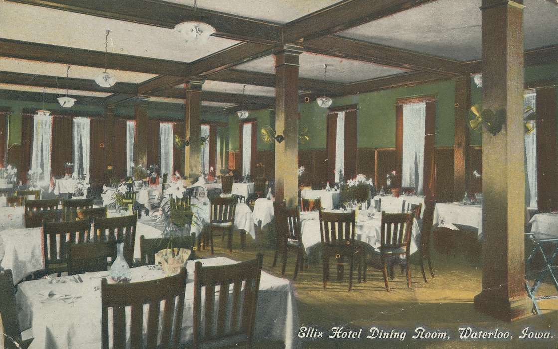 history of Iowa, flowers, Iowa History, dining room, Businesses and Factories, postcard, Iowa, Waterloo, IA, Food and Meals, Shaulis, Gary