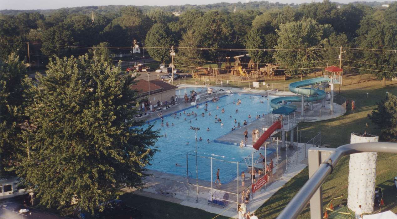 swimming pool, Aerial Shots, history of Iowa, Iowa History, Iowa, water slide, Waverly Public Library