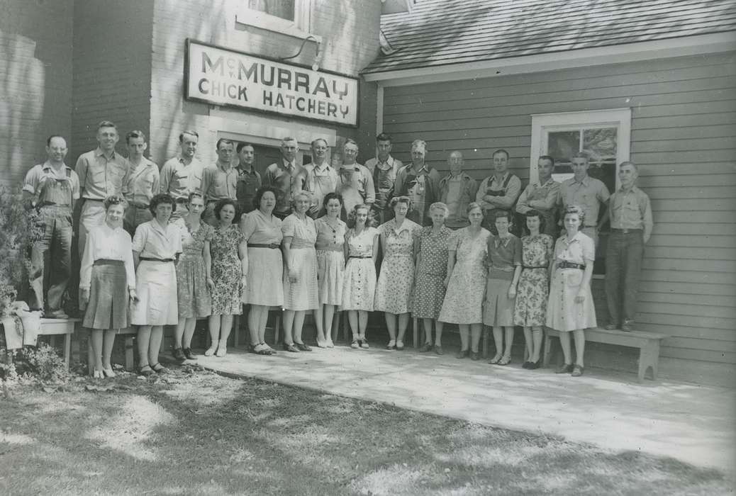 Portraits - Group, Iowa History, bench, Iowa, skirt, hatchery, Labor and Occupations, McMurray, Doug, overalls, dress, Webster City, IA, history of Iowa