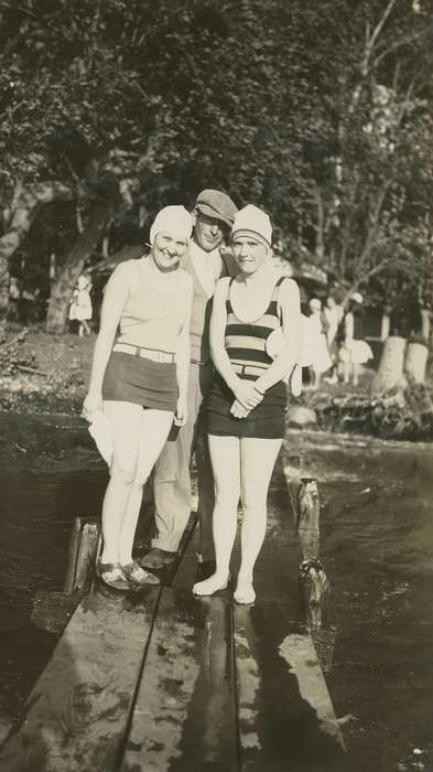 Outdoor Recreation, Portraits - Group, Iowa, dock, swimming suit, swimmers, Iowa History, McMurray, Doug, bathing suit, Leisure, swimsuit, Lakes, Rivers, and Streams, lake, Clear Lake, IA, swimming cap, history of Iowa, newsboy hat