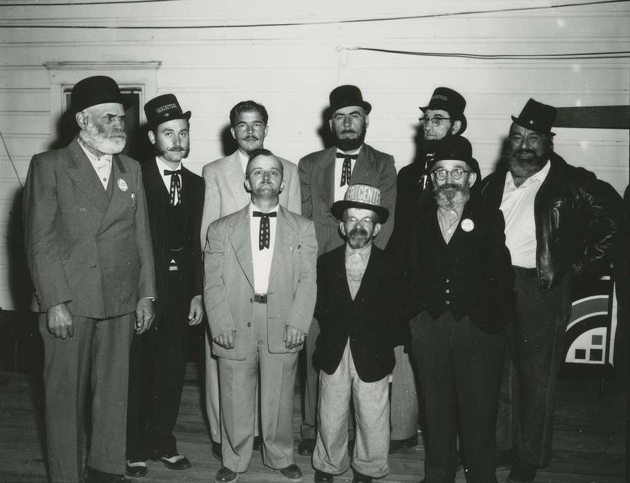 Portraits - Group, bow tie, history of Iowa, Iowa History, bowler hat, Entertainment, beard, Fairs and Festivals, glasses, man, Iowa, moustache, Waverly Public Library, suit