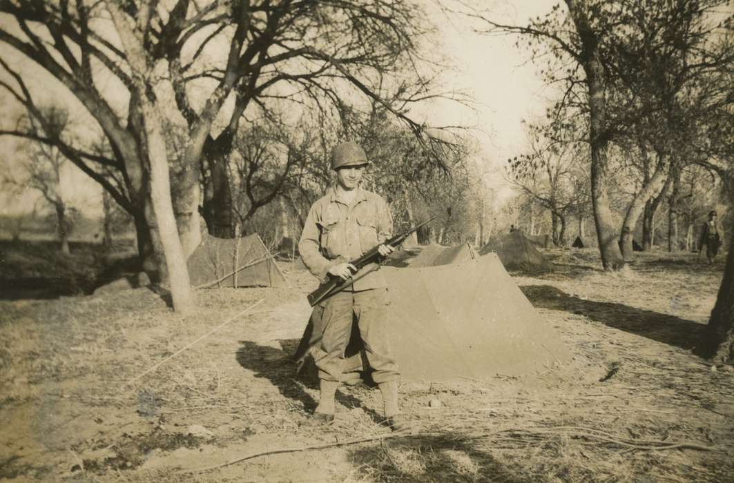 uniform, Travel, Roquet, Ione, Iowa, tent, Military and Veterans, army, Portraits - Individual, gun, wwii, history of Iowa, Iowa History