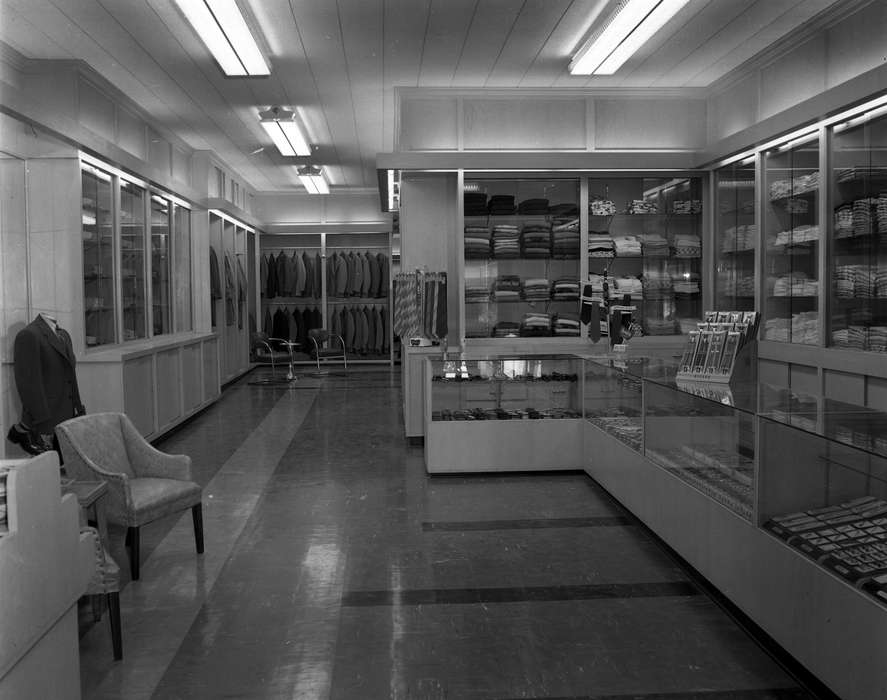 history of Iowa, Iowa History, Ottumwa, IA, Businesses and Factories, store, tile, tie, chair, display case, Iowa, Lemberger, LeAnn, suit