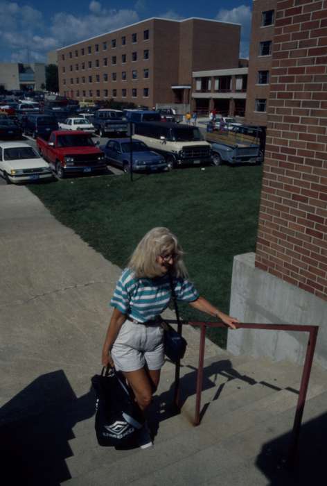 Cedar Falls, IA, history of Iowa, Iowa History, uni, Motorized Vehicles, parking lot, van, UNI Special Collections & University Archives, Iowa, Schools and Education, bag, stairs, university of northern iowa