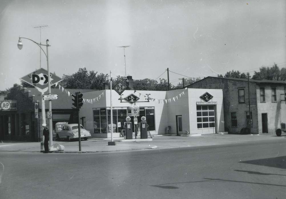 history of Iowa, gas station, Landscapes, Businesses and Factories, car wash, Waverly Public Library, Iowa, car, Motorized Vehicles, Iowa History, Cities and Towns, IA, d-x service station